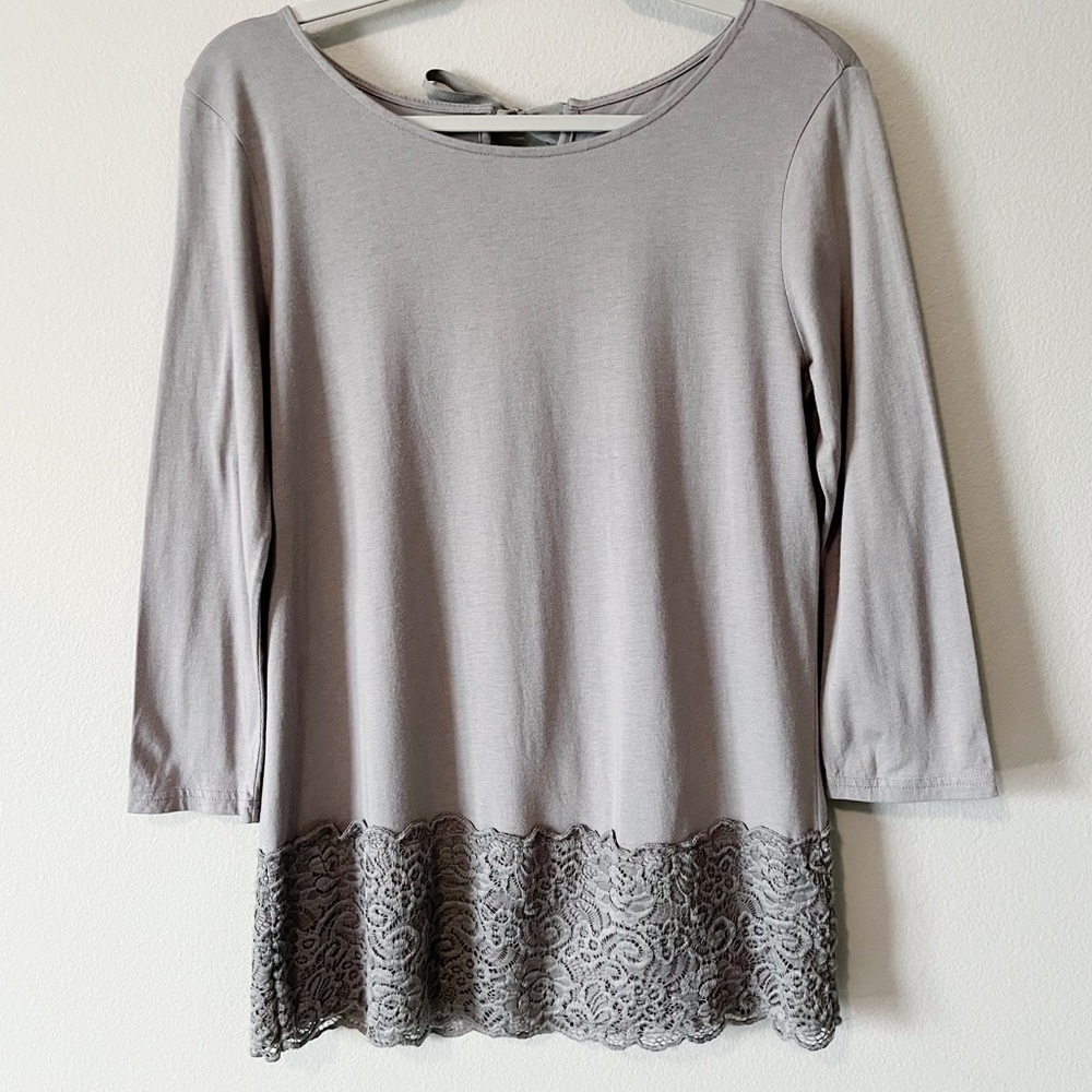 Garnet Hill 3/4 Sleeve Grey Tunic Top Lace Trim Tie Back Size Small